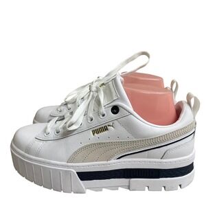 PUMA Mayze Leather Womens Platform Sneakers White Sand Gold Accent Fashion Shoes